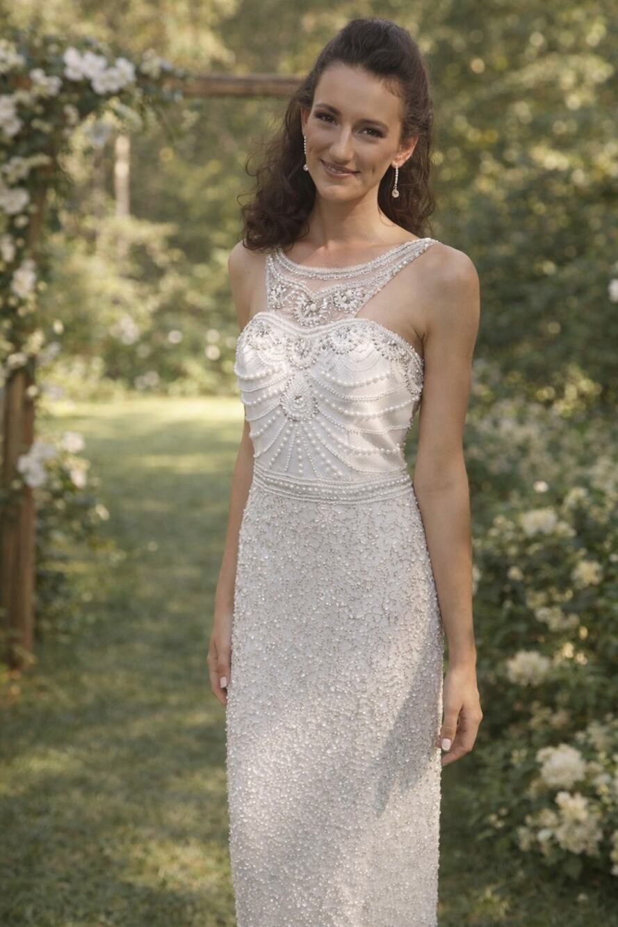 Shail K Ivory Beaded Halter Wedding Gown Dress Sz 4 Art Deco Boho Pearl Sequins
